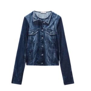 Zara Sheer Denim Jacket Print Crew Neck Top Size M